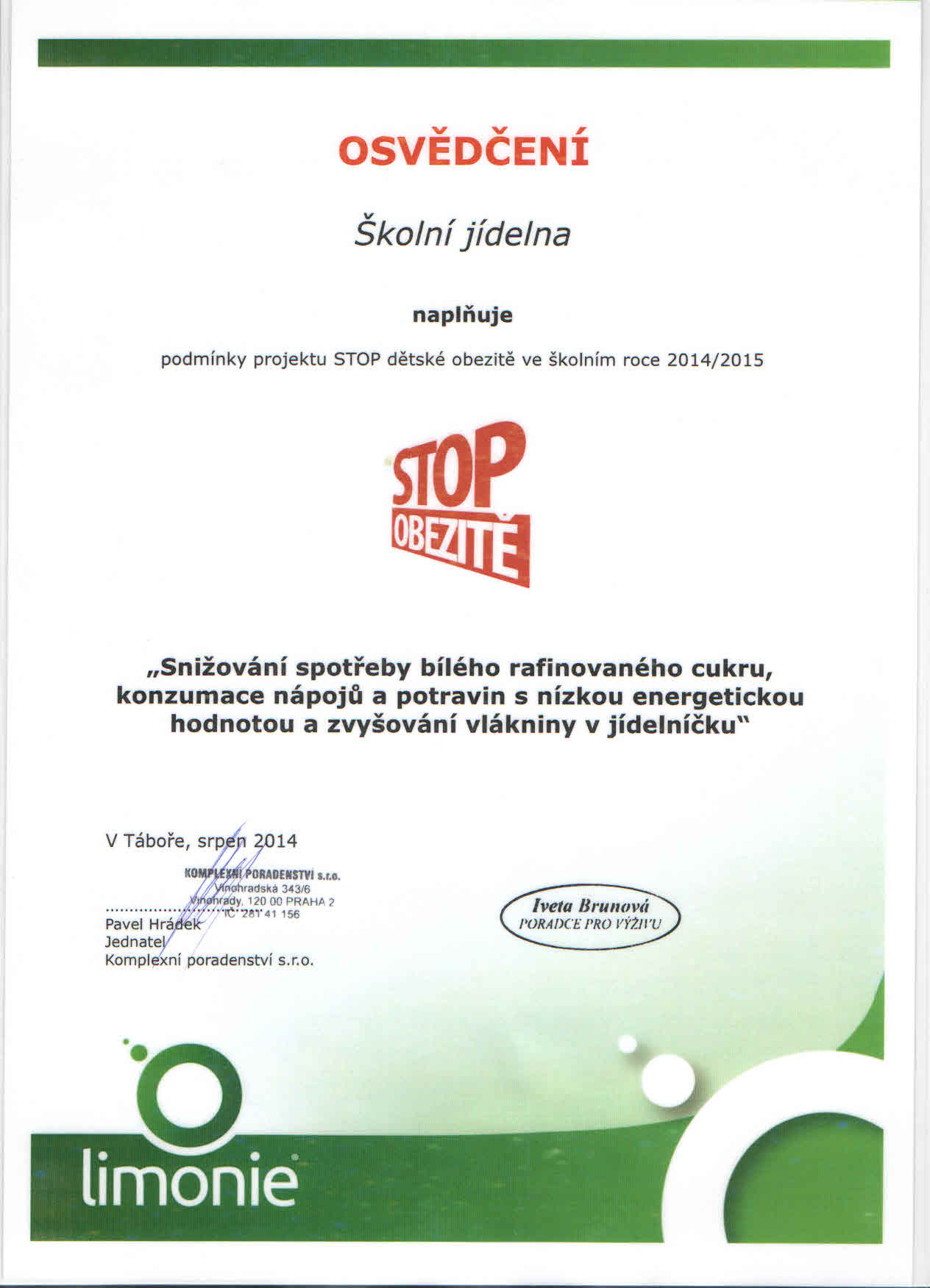 Certifikát STOP dětské obezitě